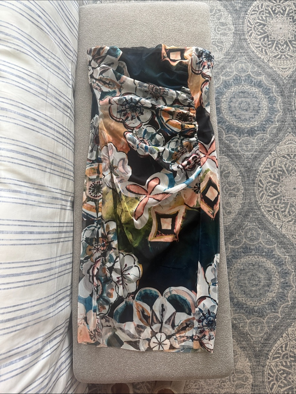 Abstract Floral Midi Skirt in Black and Multi-Color